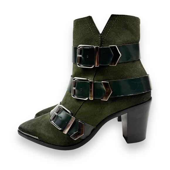 DIESEL green suede strapped buckle heeled pointed toe boots - Picture 2 of 16